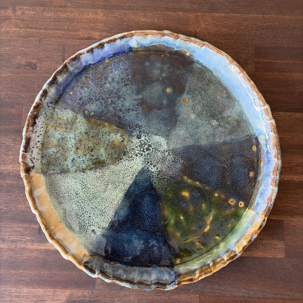 Handmade Pottery Raised Server 11in Blue Green Pie Plate Homemade
